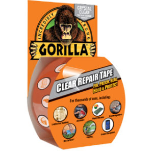 No other tape offers the clarity, strength and durability of Gorilla Clear Repair Tape! The ideal solution for almost any repair, Gorilla Clear Repair Tape features the strength of Gorilla Tape in a weatherproof, airtight, crystal-clear tape. Easy to tear by hand, with Gorilla Clear Repair Tape, you can fix, patch, seal, hold and protect almost any surface with a crystal-clear appearance for a perfect fix every time. Available in 27 ft. rolls